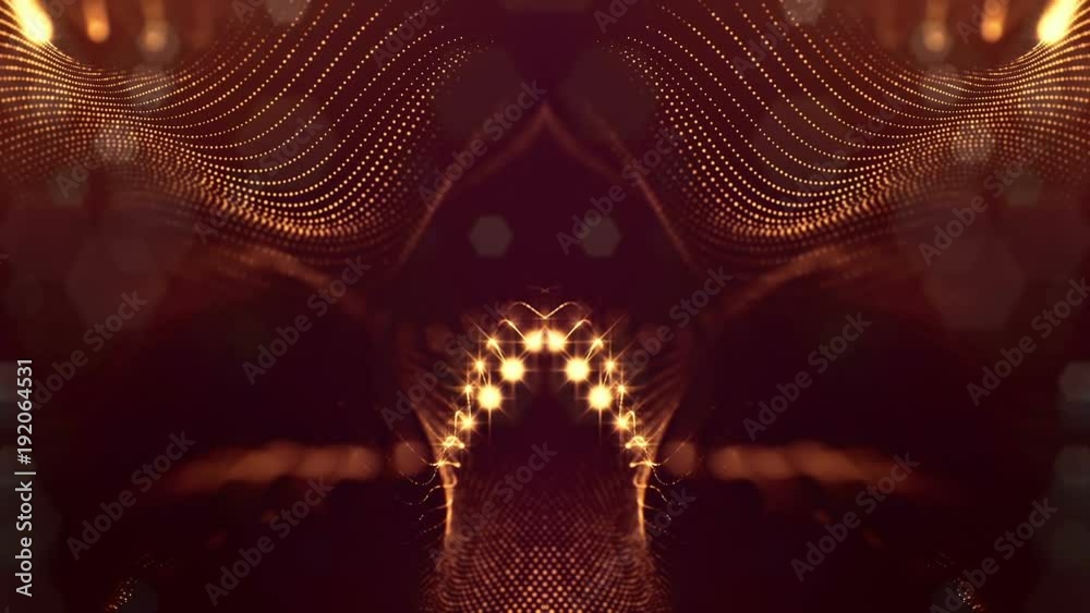 3d rendering background with particles with depth of field. Loop animation, seamless footage. Dark digital abstract background with beautiful glowing particles form digital concept. Gold V