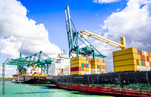 View on container ship in the harbor of Antwerp - Belgiu