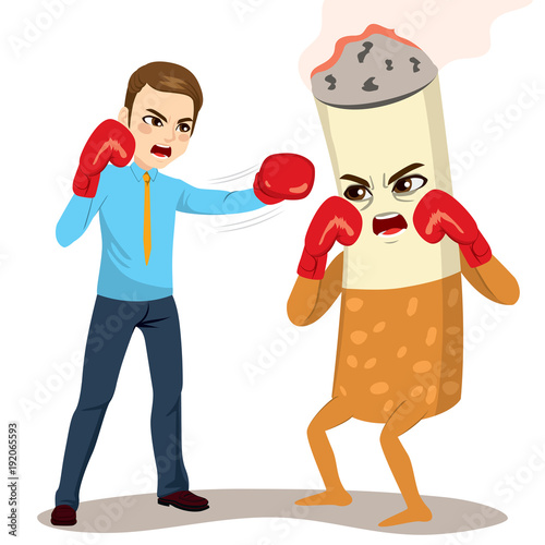 Businessman fighting tobacco cigarette with red gloves quit smoking addiction concept