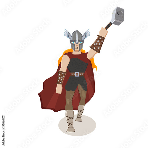 Viking cartoon character. Scandinavian god Thor with a thunder  hammer. Vector illustration. Flat style.
