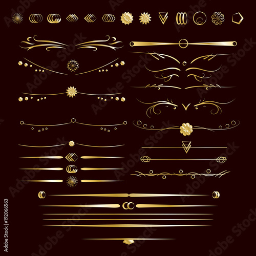 Set of gold dividers. Abstract curly headers, design element set. Golden design elements on the black background. Luxury style calligraphic. Vector illustration. photo