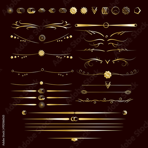 Set of gold dividers. Abstract curly headers, design element set. Golden design elements on the black background. Luxury style calligraphic. Vector illustration.