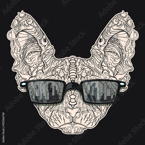 Ornament face of fashion sphinx cat with black eyeglasses. Isolated on dark background. Can be used for some print or poster. Line art style. Sketch for tattoo.