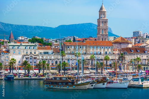 Split Croatia coastal view. / Seafront view at old city center in Split town, Diocletian Palace view from the Adriatic Sea, Croatia.