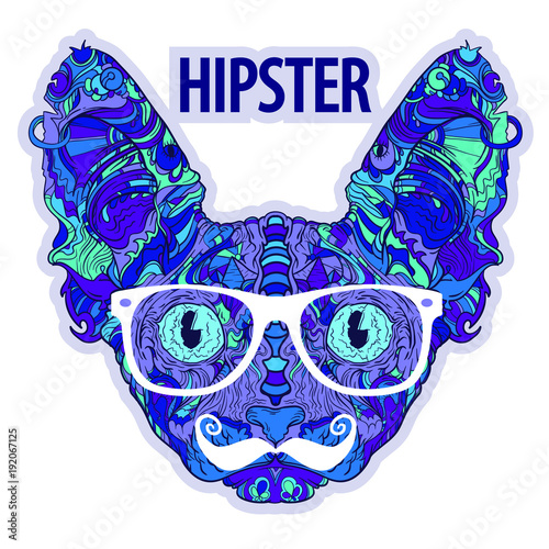 Hipster fashion ornament face of sphinx cat with mustache and styled eyeglasses. Line art. Vector illustration isolated on white background. Ornament.