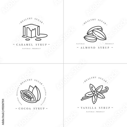 Vector set design monochrome templates logo and emblems - syrups and toppings-caramel, almond, cocoa, vanilla. Food icon. Logos in trendy linear style isolated on white background.