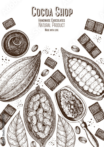 Vector illustration frame with cocoa products. Handmade chocolate, organic food. Vintage elements for design.