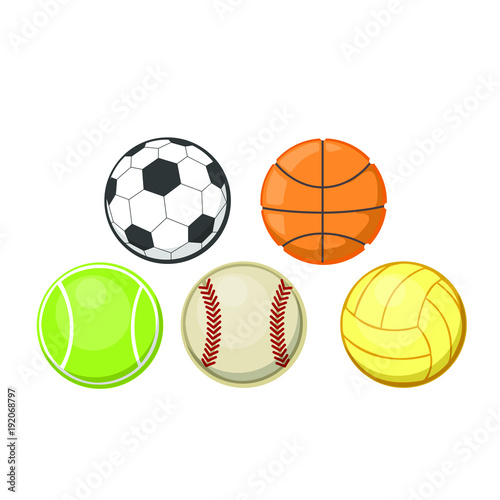 Extortion set of different sport balls. Football  basketball  baseball  tennis and volleyball. Isolated on white background.