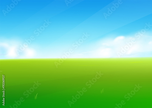 Spring field nature background with green grass landscape, clouds, sky