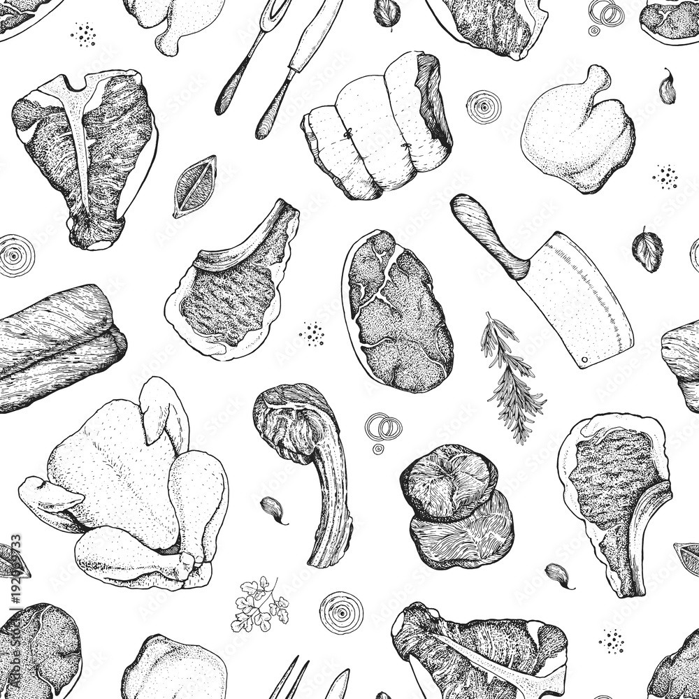 Meat seamless pattern. Hand drawn vector illustration. Food menu