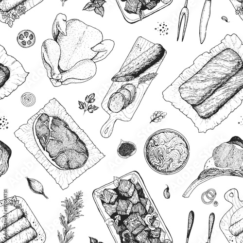 Meat seamless pattern. Hand drawn vector illustration. Food menu background. Sketch illustration. Engraved style.