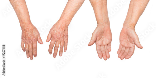 Hands of an elderly woman isolated on white background. Senior lady wrinkled hand with copyspace for your text.