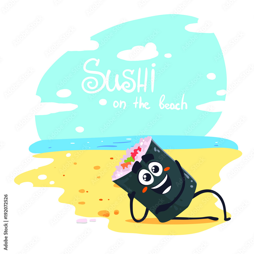 Vector sushi character on the beach. Isolated on white background.