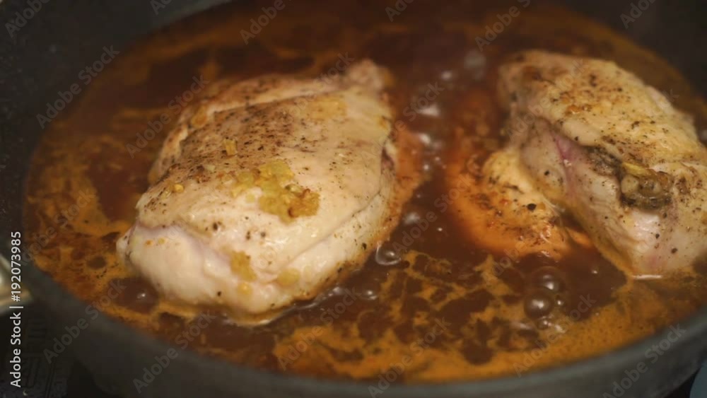 Chicken breast with spicy chili sauce in a saucepan video Chicken breast with spicy chili sauce in a saucepan video