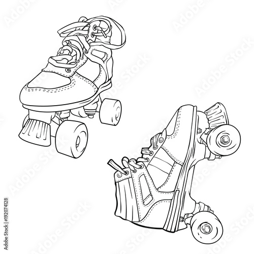 Set of quad roller skates on white background. Retro laced boots, colorful vector illustration