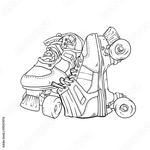Quad roller skates on white background. Retro laced boots, colorful vector illustration
