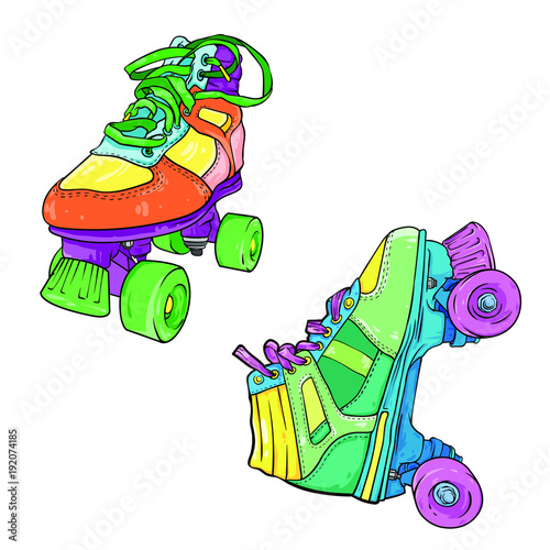 Set of two different quad roller skates, vector illustration isolated on white background