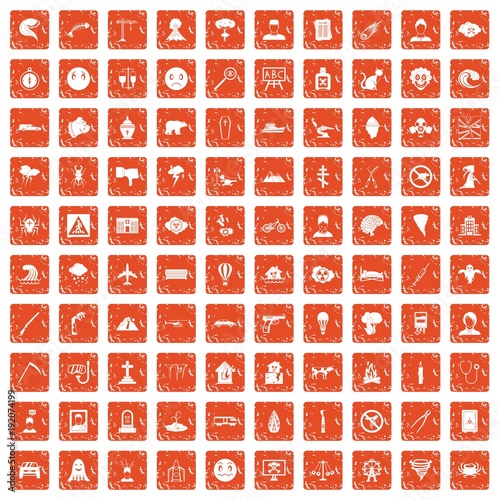 100 phobias icons set grunge orange