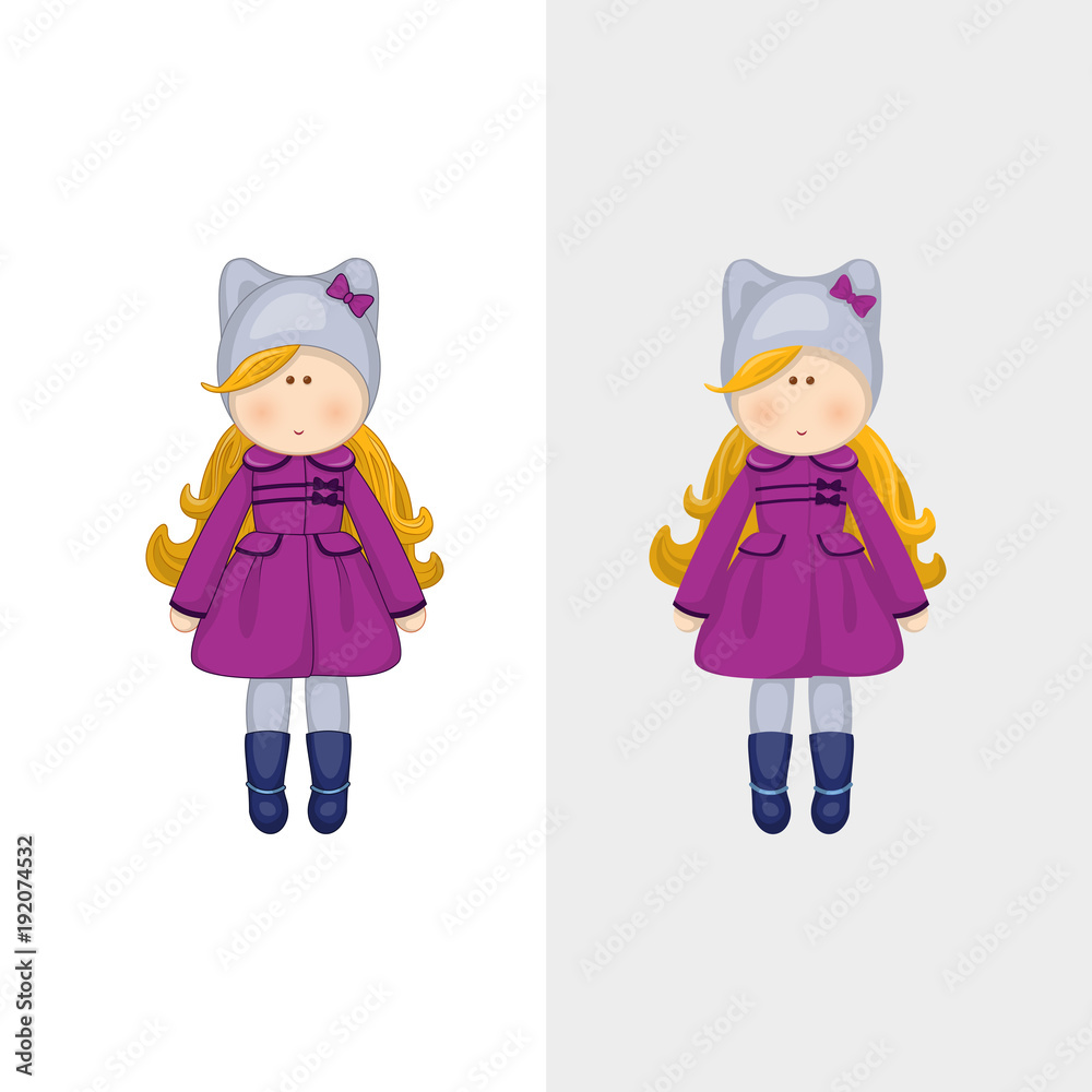 Vector illustration of cartoon little cute doll. Can be used for baby t-shirt print, fashion print design, kids wear. Vector illustration of cartoon little cute doll. Can be used for baby t-shirt print, fashion print design, kids wear.