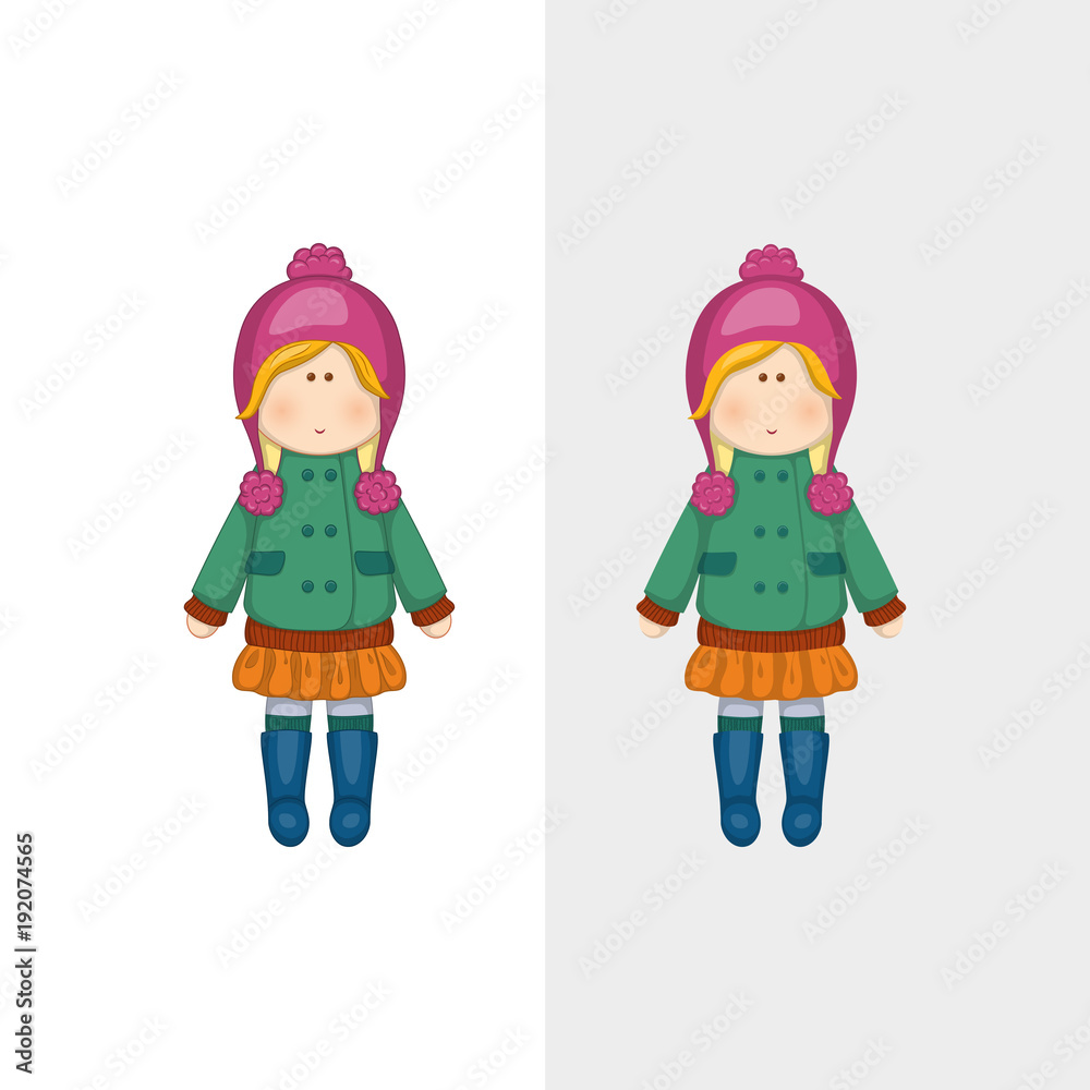 Vector illustration of cartoon little cute doll. Can be used for baby t-shirt print, fashion print design, kids wear. Vector illustration of cartoon little cute doll. Can be used for baby t-shirt print, fashion print design, kids wear.