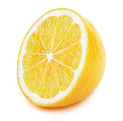 Perfectly retouched sliced half of lemon fruit isolated on the white background with clipping path. One of the best isolated lemons slices that you have seen.