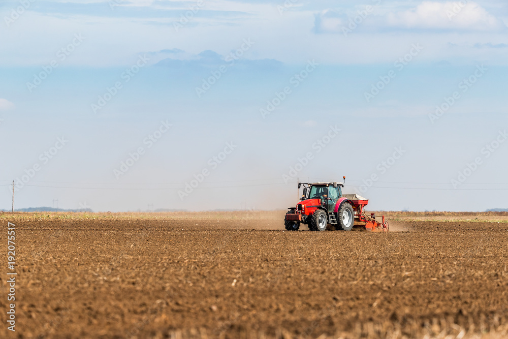 Obraz premium Farmer seeding, sowing crops at field. Sowing is the process of planting seeds in the ground as part of the early spring time agricultural activities.