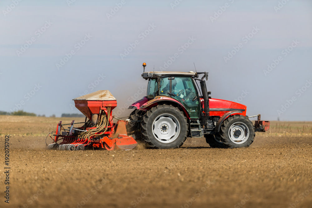 Obraz premium Farmer seeding, sowing crops at field. Sowing is the process of planting seeds in the ground as part of the early spring time agricultural activities.