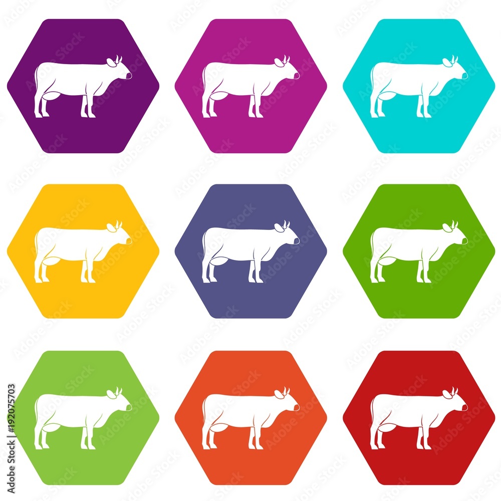 Cow icon set color hexahedron