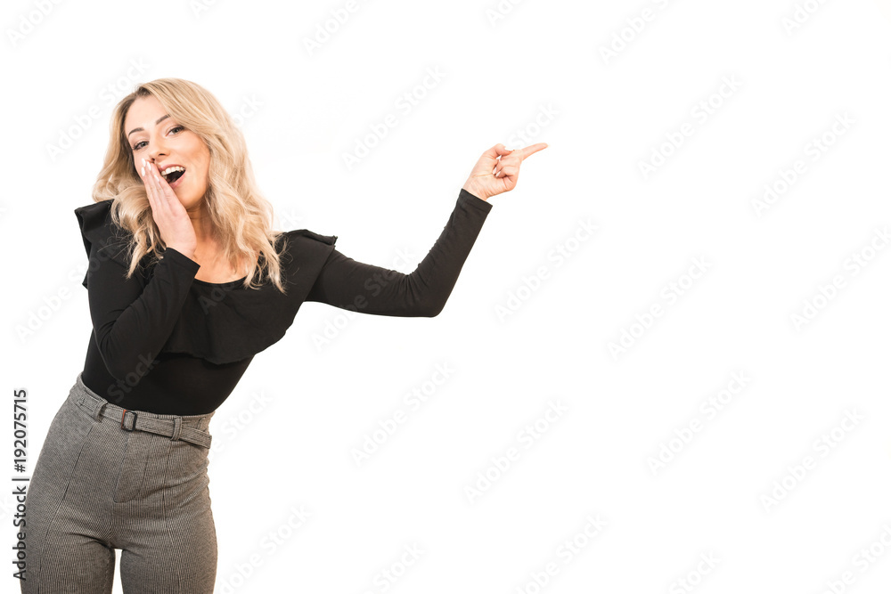The surprised woman gesture on the white background The surprised woman gesture on the white background