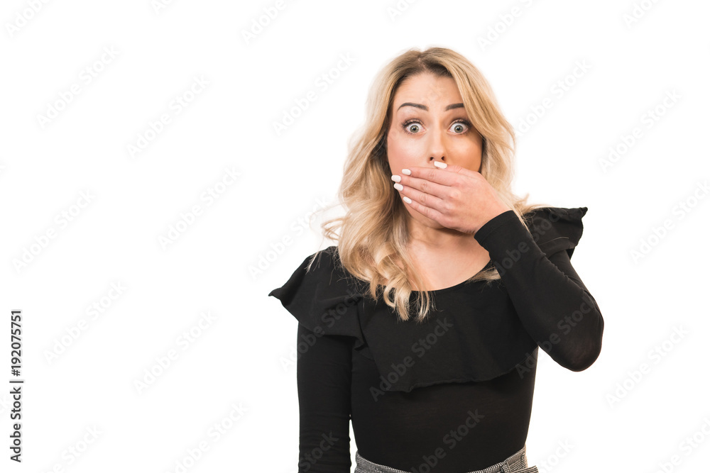 The woman hide the mouth on the white background The woman hide the mouth on the white background