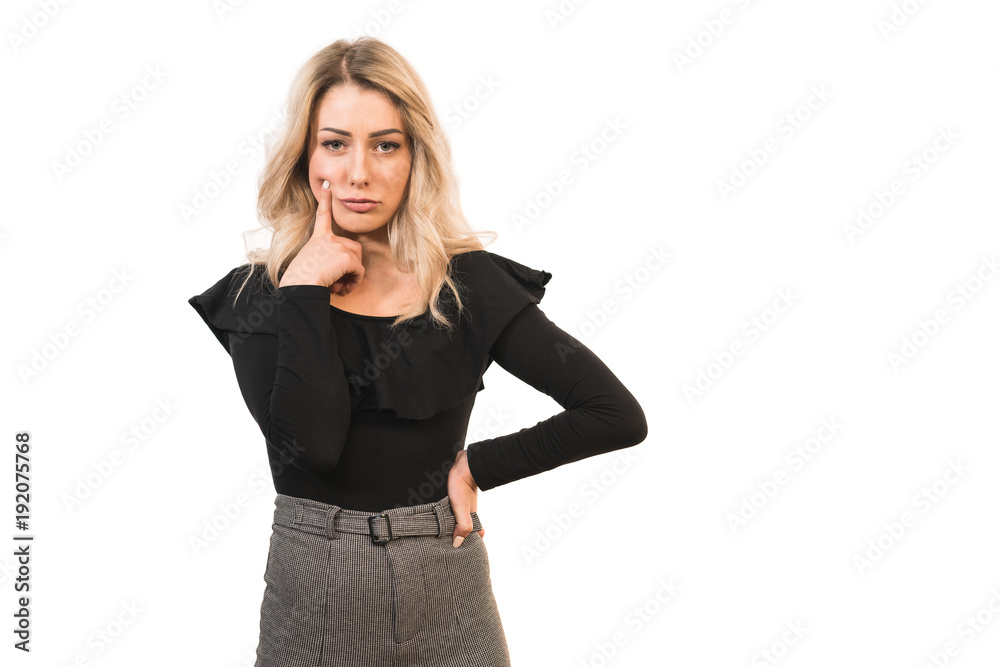 The beautiful woman stand on the white background The beautiful woman stand on the white background
