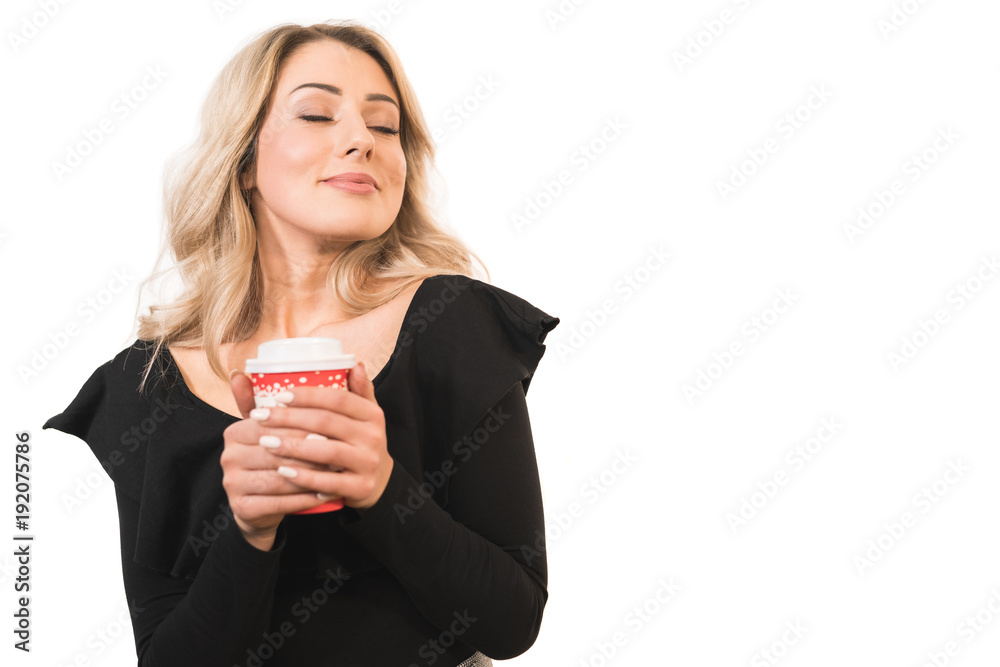 The woman hold the cup of coffee on the white background The woman hold the cup of coffee on the white background