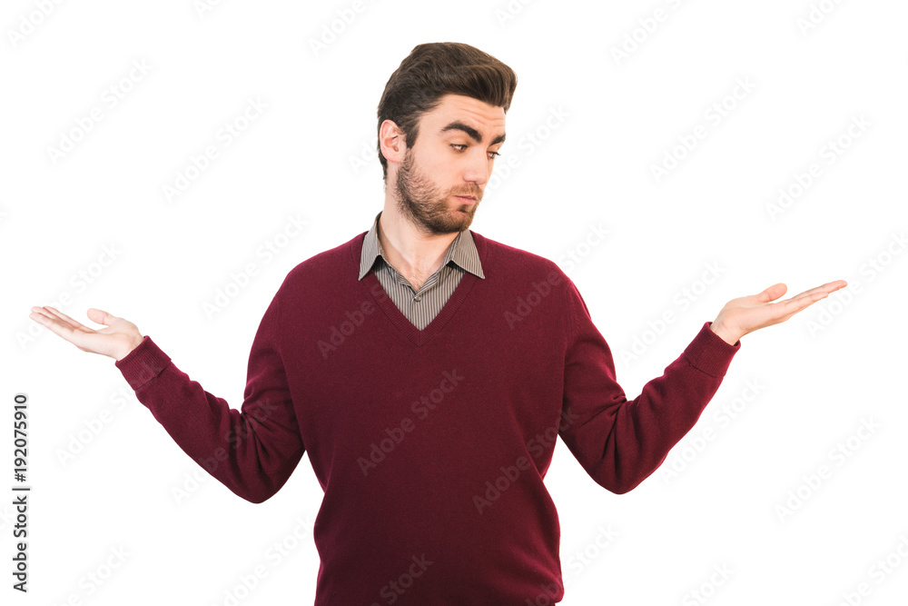 The man holding hands on the white background The man holding hands on the white background