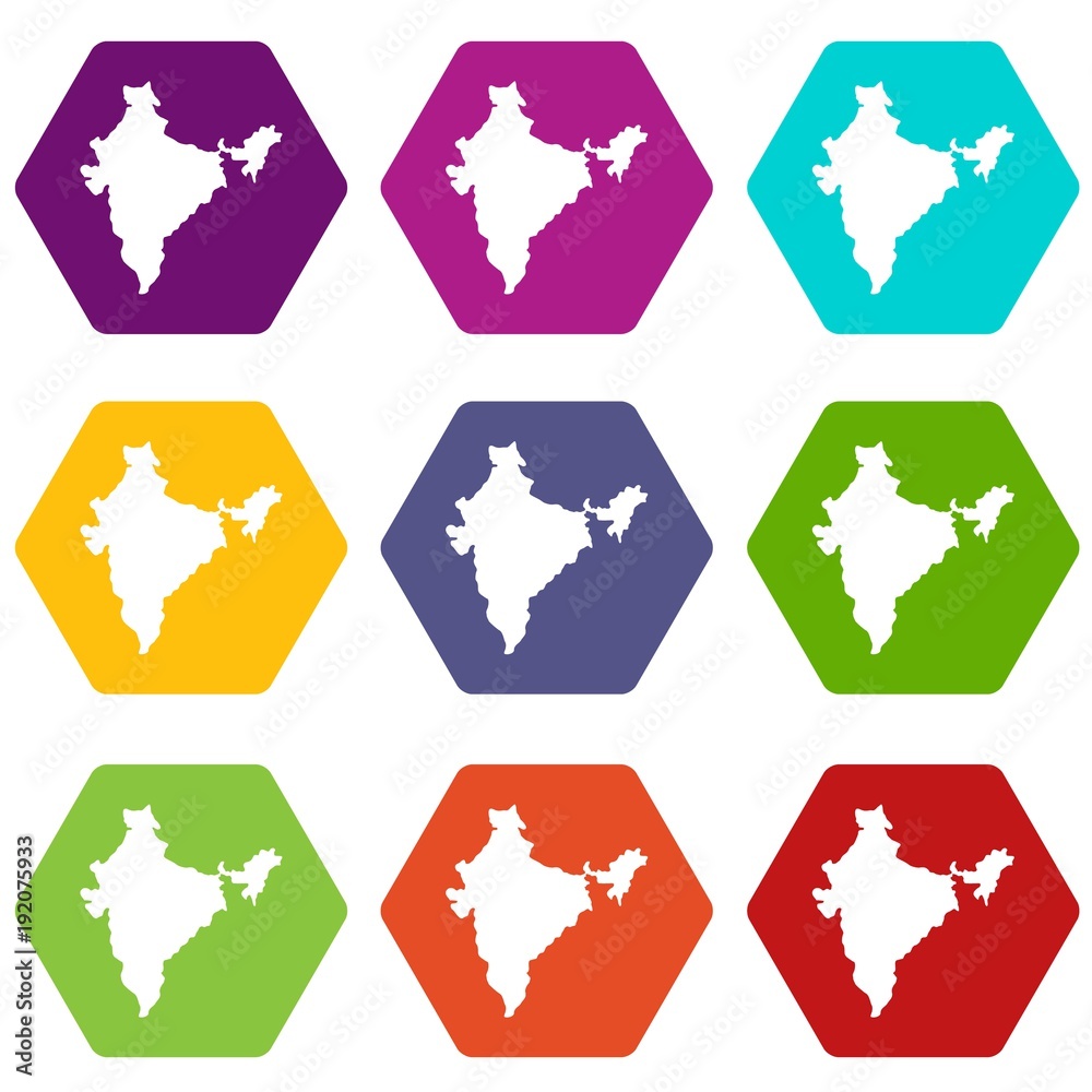 Indian map icon set color hexahedron