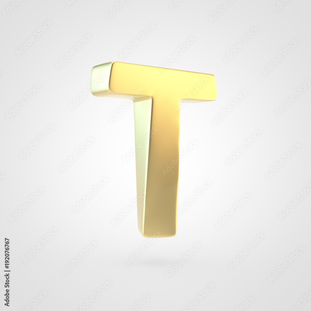 3D rendered golden letter T uppercase isolated on white background. 3D rendered golden letter T uppercase isolated on white background.