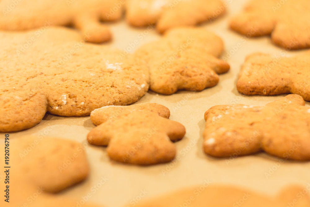 Ginger biscuits lie on a baking sheet. Cookies on baking paper. Selective focus.