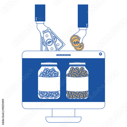 monitor computer with hand saver online vector illustration design