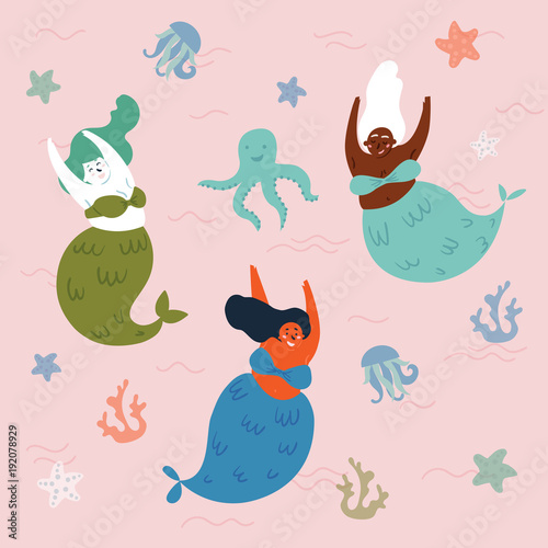 Three mythical creatures under the sea are having fun. Mermaids and octopus in the water. Sea or ocean environment. Fishwoman are swimming together. Underwater fantasy world. Vector illustration