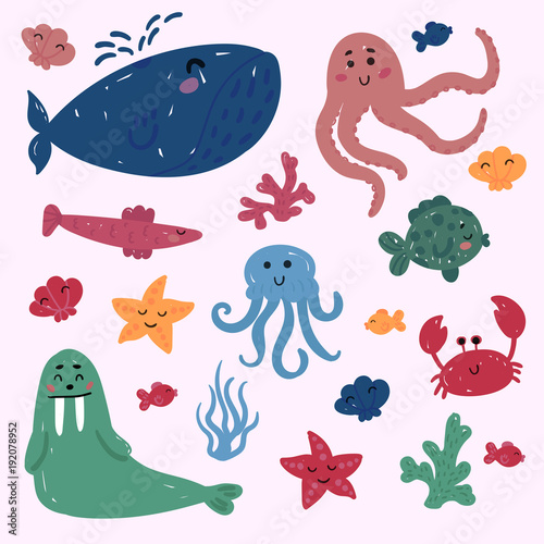 Collection of marine underwater mammal creatures. Big blue whale  octopus  starfish  crab  coral  fish  walrus and shell. Happy sea or ocean inhabitants. Flat cartoon style vector illustration.