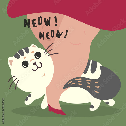 Happy fluffy fat cat illustration. Home pet rub on legs of his female master owner. Meow meow sign-out text. Flat cartoon style image.