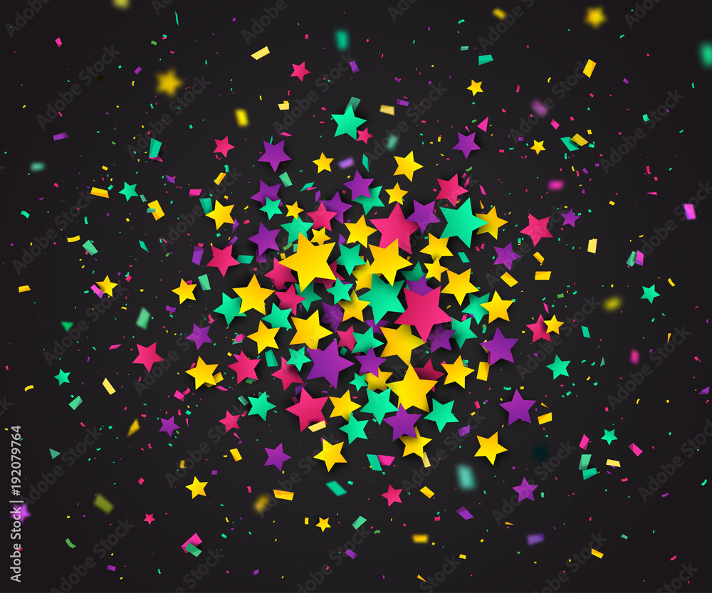 Colorful confetti of stars and particles scattering randomly. Dark background with explosion colorful stars. Holiday design template can be used for greeting card, carnival, celebration or festive