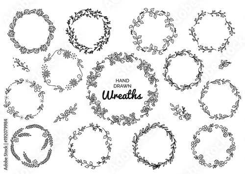 Vintage set of hand drawn rustic wreaths. Floral vector graphic on white board. Nature design elements