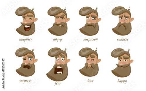 Hipster charcter expressions set. Laughter, angry, suspicion, sadness, surprise, fear, love, happy. Vector illustration.