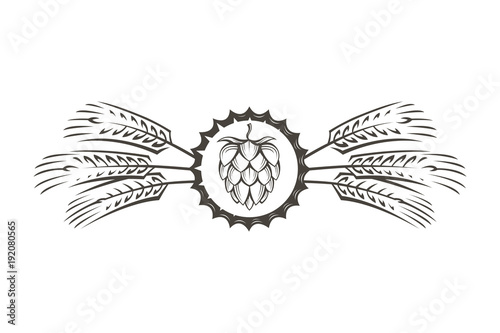 black illustration of hop, barley ear and bung for brewing