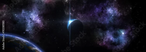 Obraz gwiaździsty wschód słońca nad planetą w tle przestrzeni kosmicznej