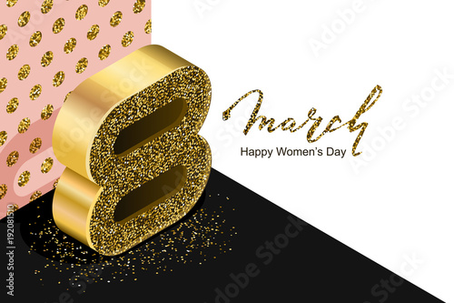 8 March vector bannerd, International Women's Day. Golden number eight in 3d isometric style on white pink black background. Holiday design elements for greeting card, poster, party invitation.