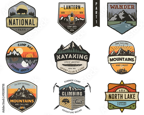 Set of vintage hand drawn travel badges. Camping labels concepts. Mountain expedition logo designs. Travel badges. camp logotypes collection. Stock vector patches isolated on white background photo