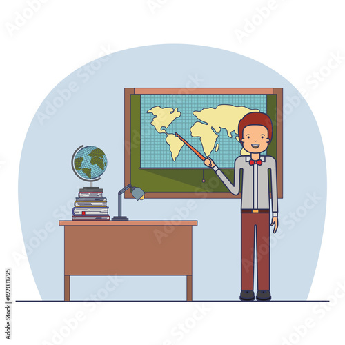 male teacher in geography class with pile books vector illustration design