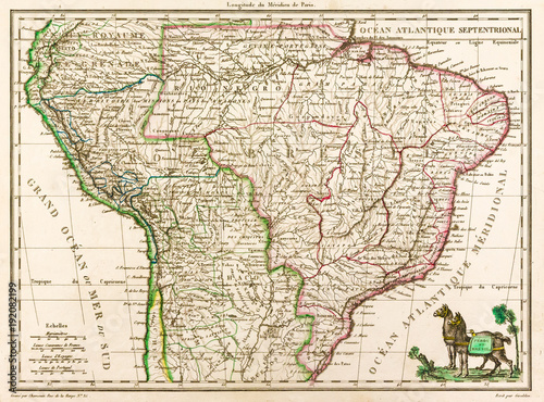 Photo Antique map of South America, 1812, with two llamas
