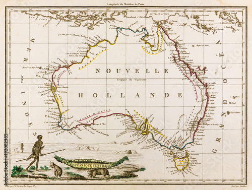 Map of Australia, 1812 (New Holland) with an aboriginal and a kangaroo